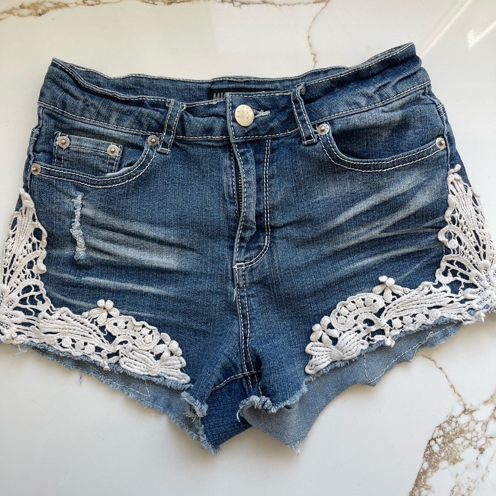 High Rise Blue Destressed Jean Shorts with Lacey Bottoms Cotton